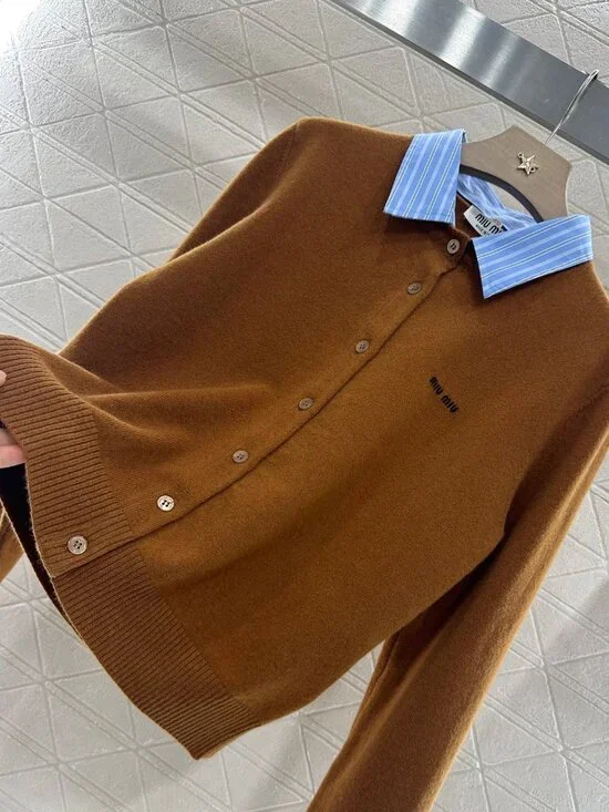 NWT Women's Brown Wool Miu Miu Cardigan with Blue Striped Collar L - Picture 2 of 3